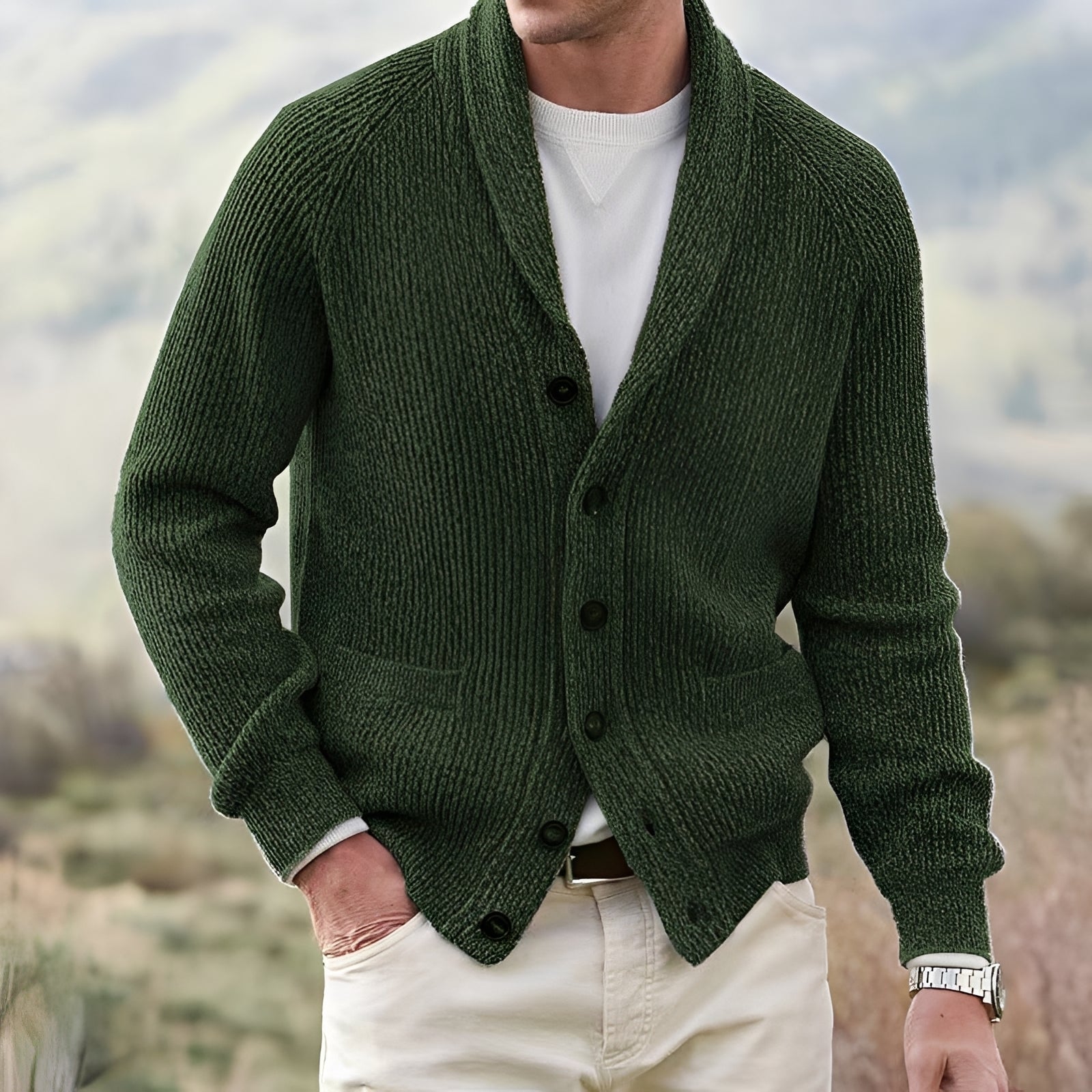 Men's ribbed knit cardigan with shawl collar, button front and patch pockets