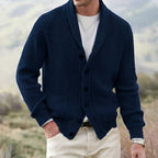 Men's ribbed knit cardigan with shawl collar, button front and patch pockets
