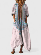 Women's boho print maxi dress in orange with front pockets, V-neck and three-quarter sleeves