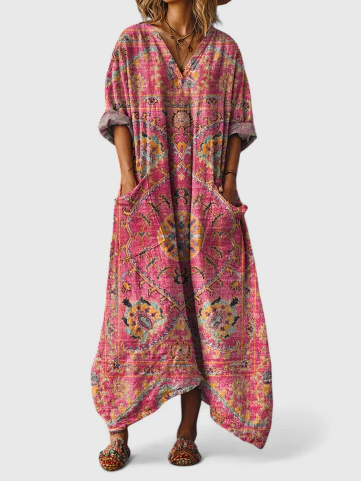 Women's boho print maxi dress in orange with front pockets, V-neck and three-quarter sleeves