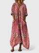 Women's boho print maxi dress in orange with front pockets, V-neck and three-quarter sleeves