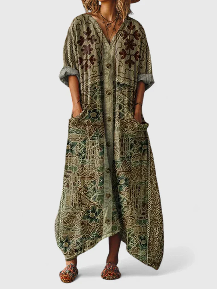 Women's boho print maxi dress in orange with front pockets, V-neck and three-quarter sleeves
