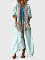 Women's boho print maxi dress in orange with front pockets, V-neck and three-quarter sleeves