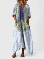 Women's boho print maxi dress in orange with front pockets, V-neck and three-quarter sleeves