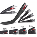 Black height increase shoe insoles with red inserts and 3cm to 9cm wedge profiles