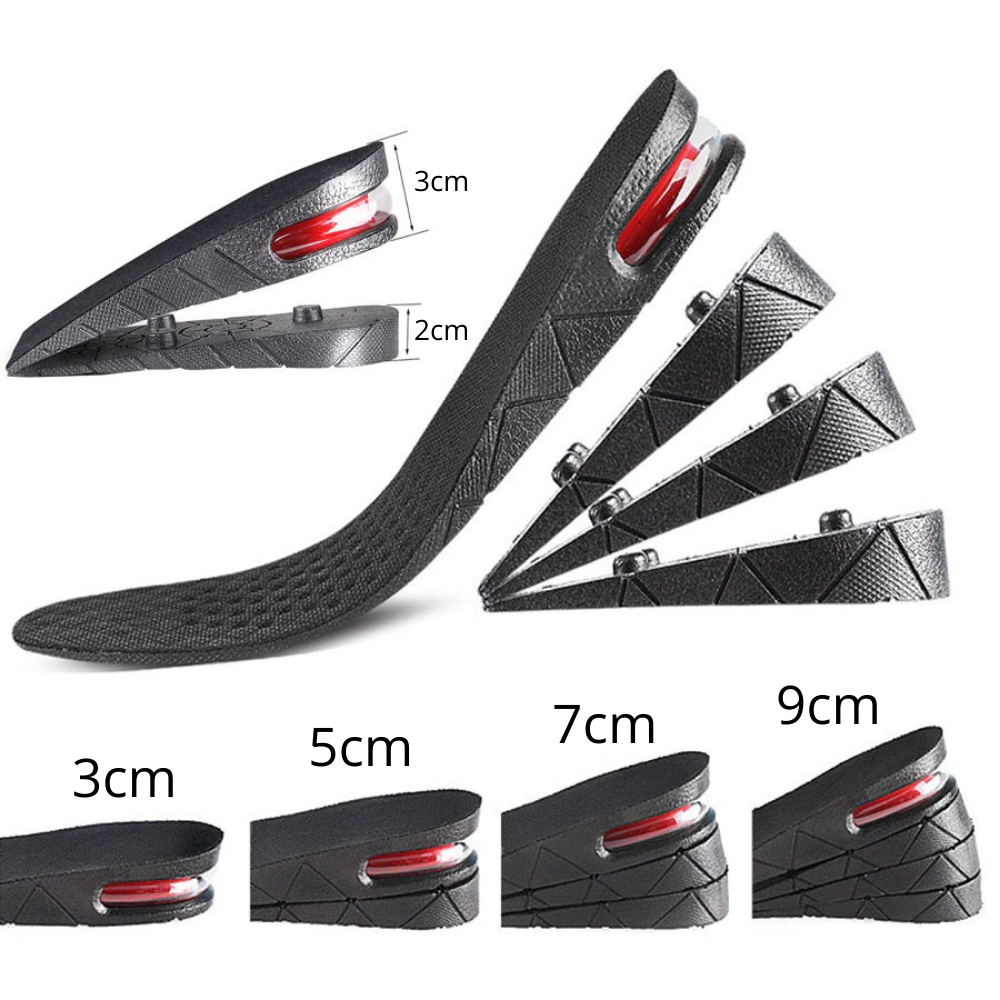 Black height increase shoe insoles with red inserts and 3cm to 9cm wedge profiles