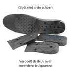 Black height increase shoe insoles with red inserts and 3cm to 9cm wedge profiles