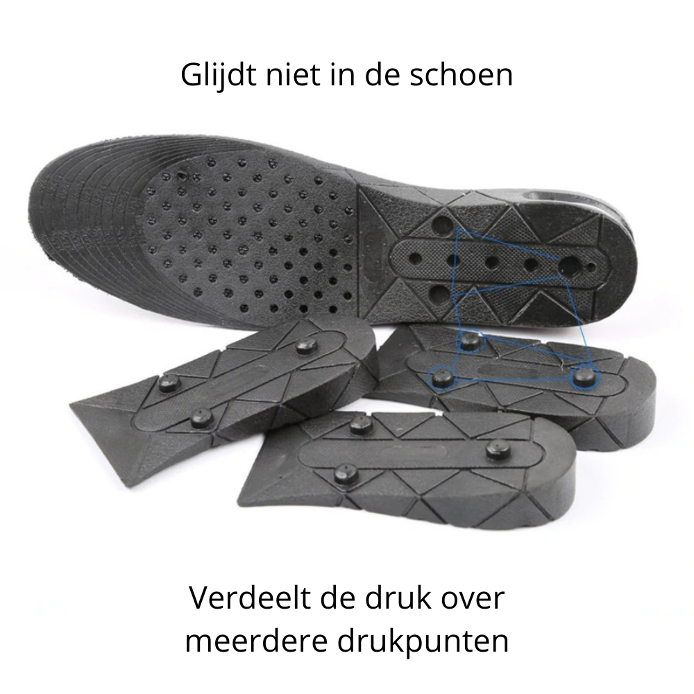 Black height increase shoe insoles with red inserts and 3cm to 9cm wedge profiles