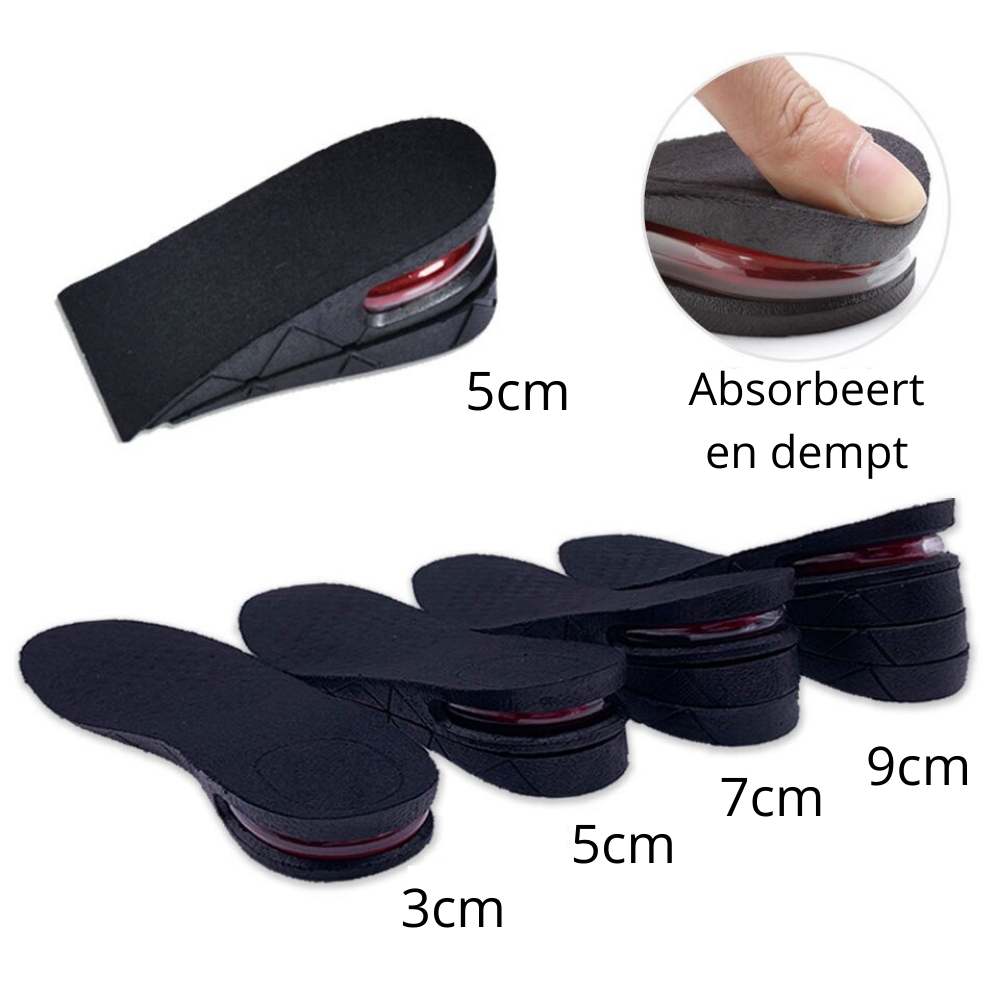Black height increase shoe insoles with red inserts and 3cm to 9cm wedge profiles