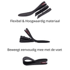 Black height increase shoe insoles with red inserts and 3cm to 9cm wedge profiles