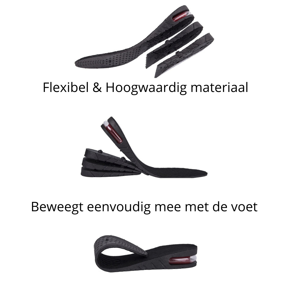 Black height increase shoe insoles with red inserts and 3cm to 9cm wedge profiles
