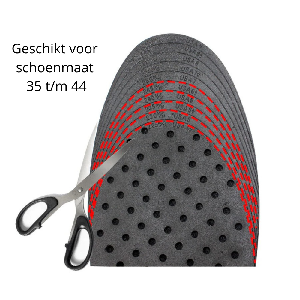 Black height increase shoe insoles with red inserts and 3cm to 9cm wedge profiles