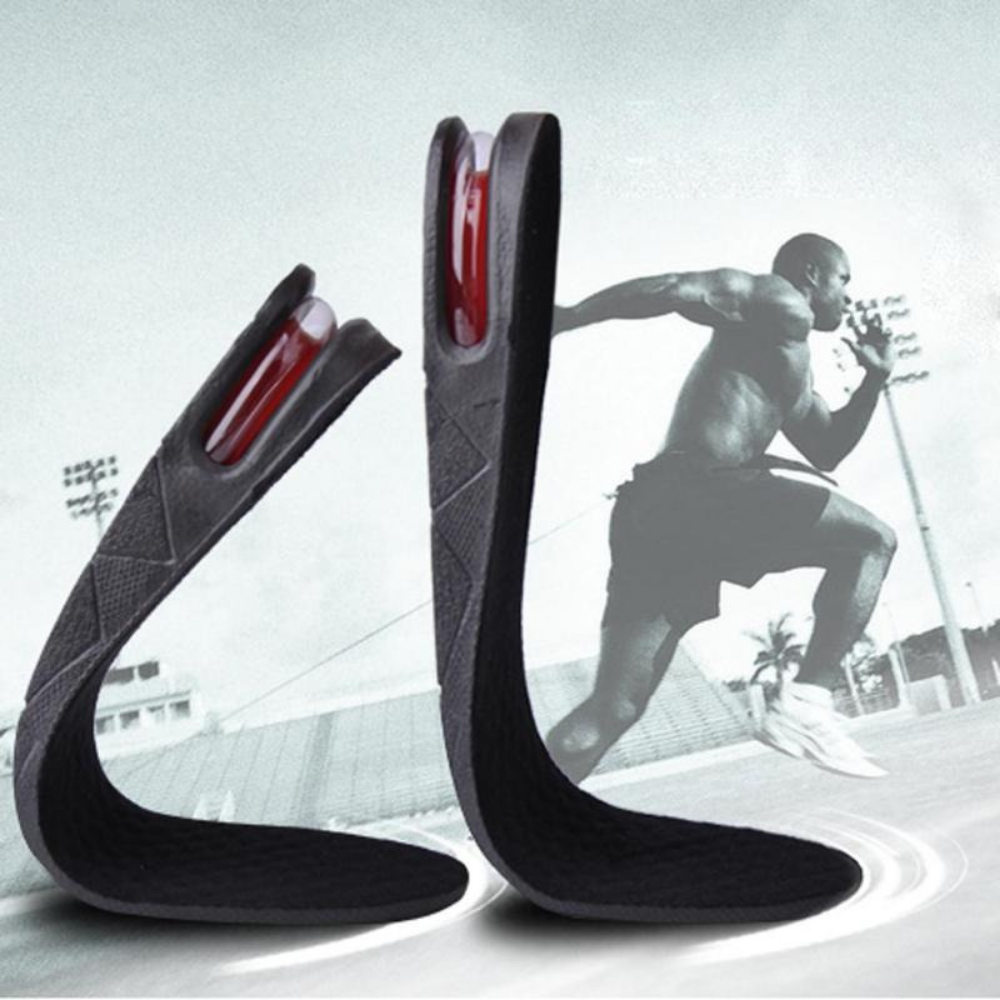 Black height increase shoe insoles with red inserts and 3cm to 9cm wedge profiles