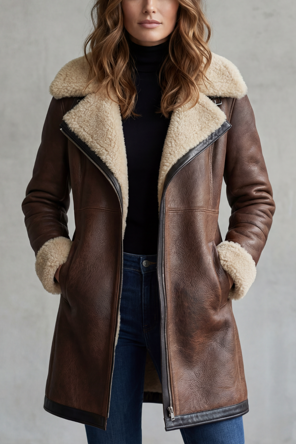 Women's Leather-Look Shearling Lined Longline Coat