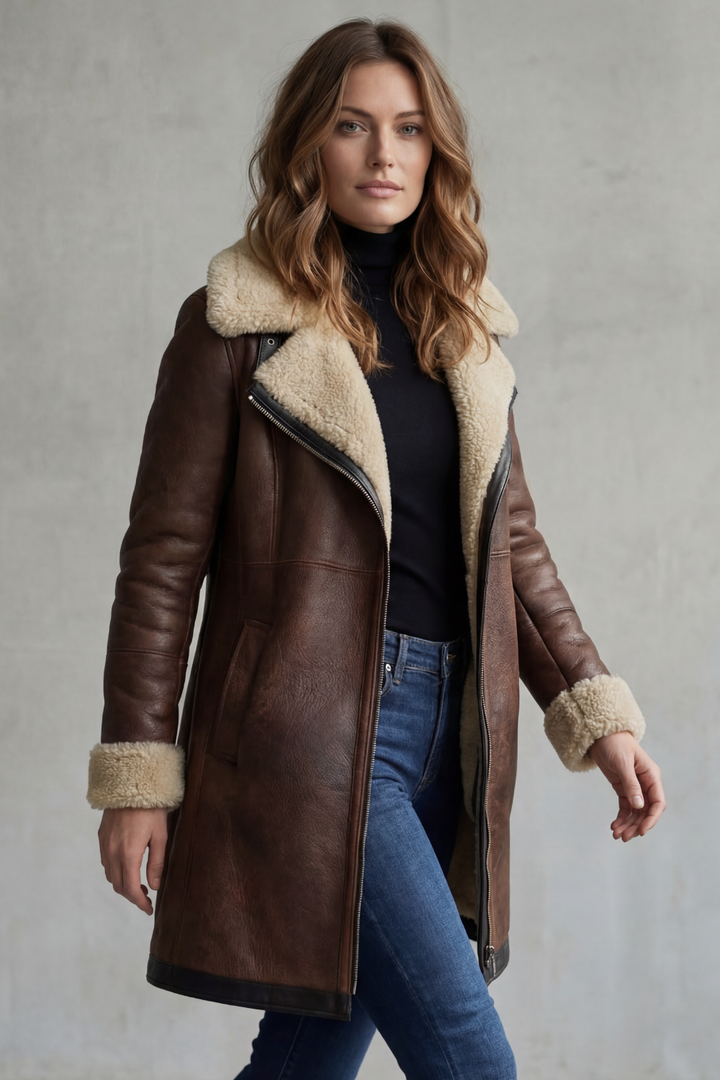 Women's Leather-Look Shearling Lined Longline Coat