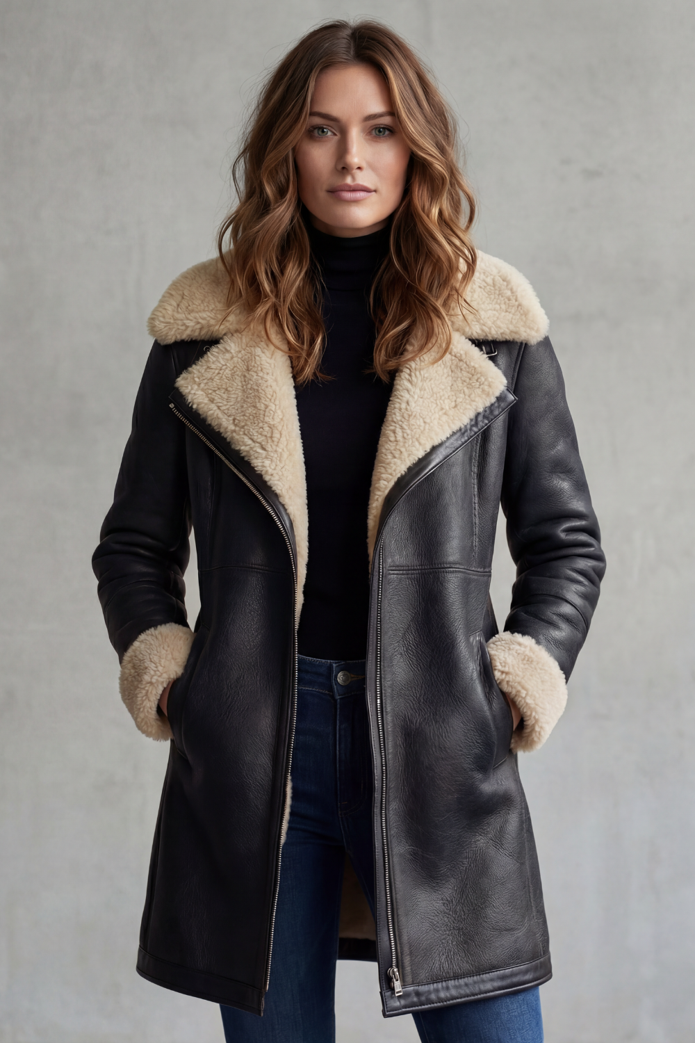 Women's Leather-Look Shearling Lined Longline Coat