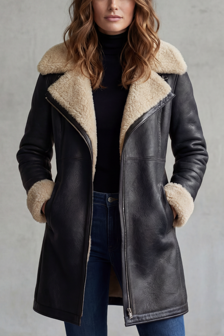 Women's Leather-Look Shearling Lined Longline Coat