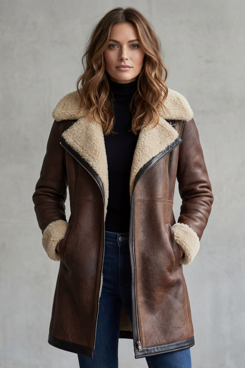 Women's Leather-Look Shearling Lined Longline Coat