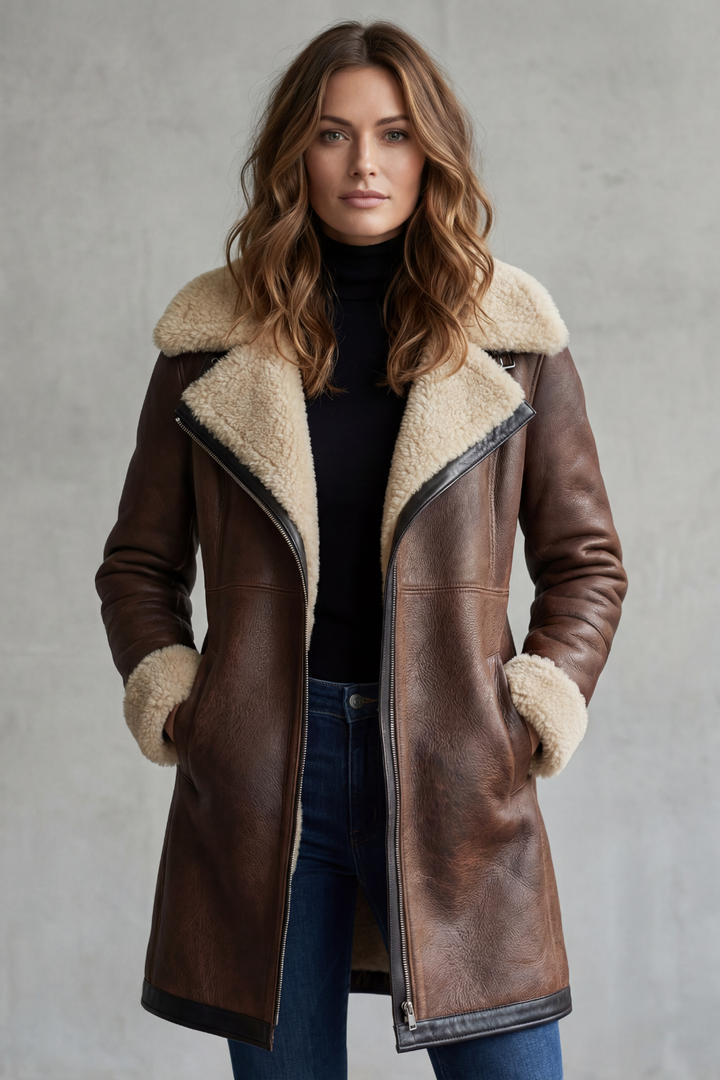 Women's Leather-Look Shearling Lined Longline Coat