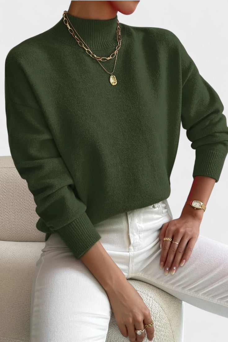 Women's mock neck sweater with long sleeves and ribbed trims