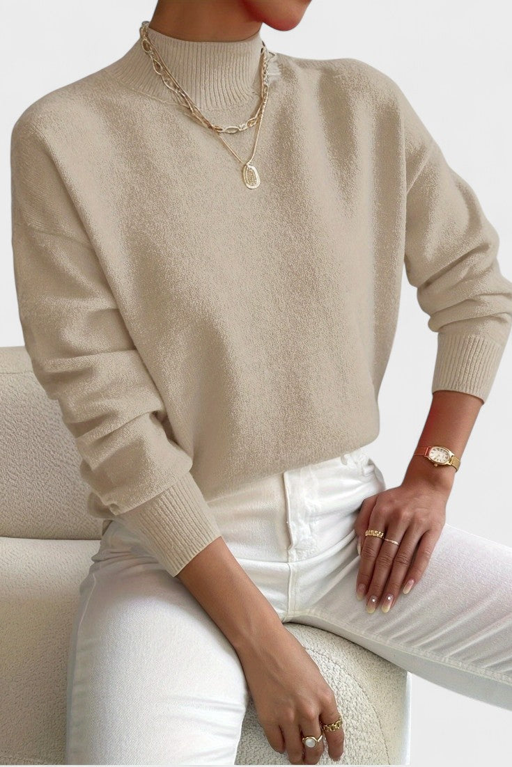 Women's mock neck sweater with long sleeves and ribbed trims