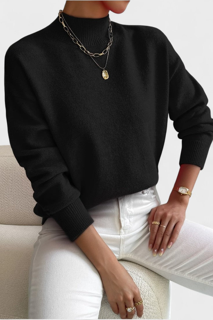 Women's mock neck sweater with long sleeves and ribbed trims