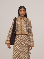 Women's brown checked cropped shirt with collar, buttons and ruffle trim