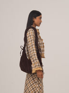 Women's brown checked cropped shirt with collar, buttons and ruffle trim