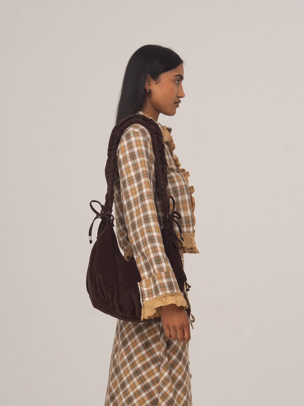 Women's brown checked cropped shirt with collar, buttons and ruffle trim