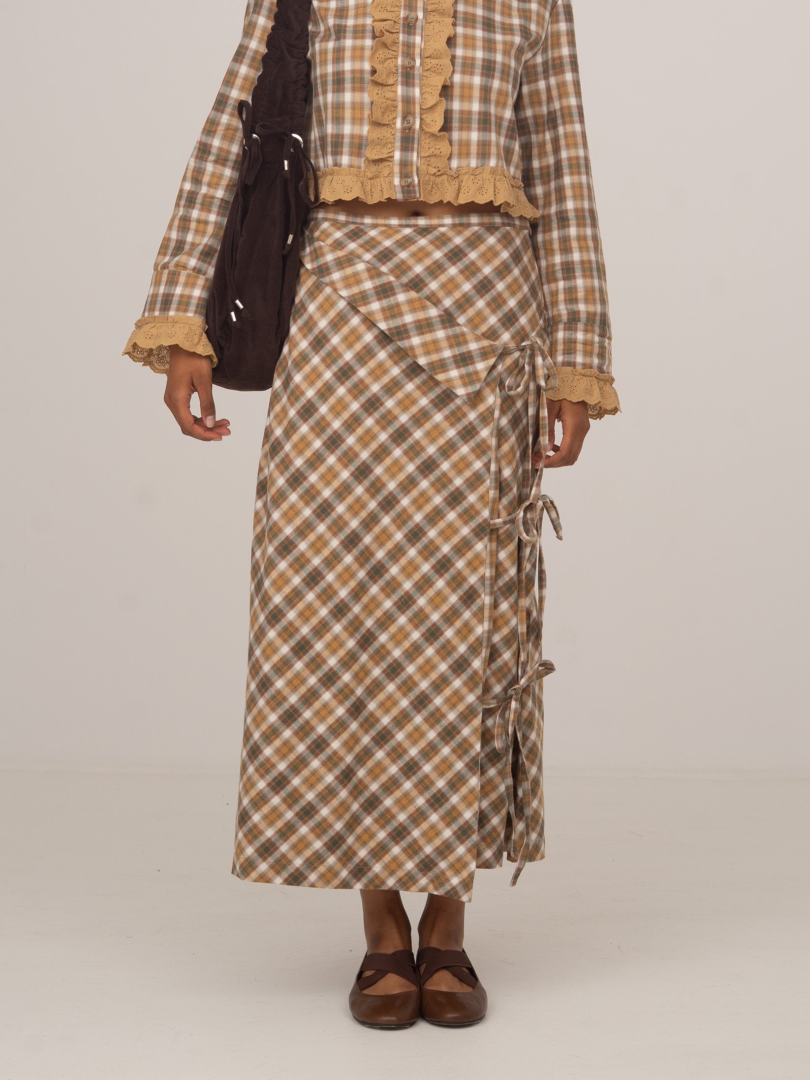 Women's brown plaid wrap midi skirt with side ties