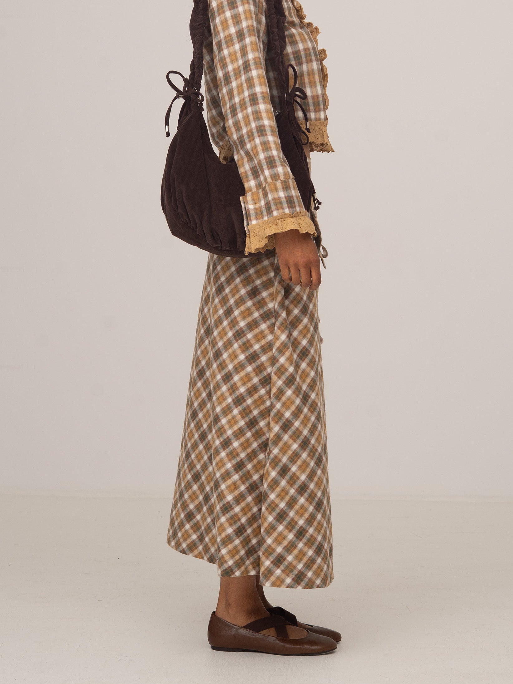 Women's brown plaid wrap midi skirt with side ties
