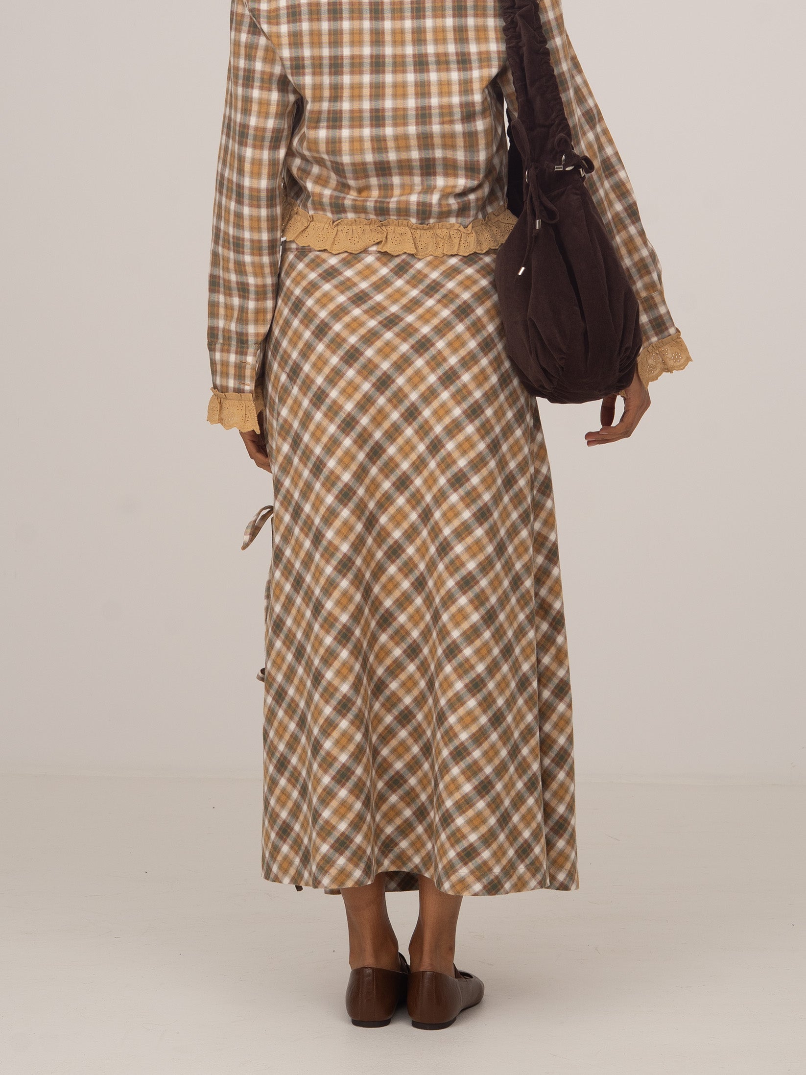 Women's brown plaid wrap midi skirt with side ties