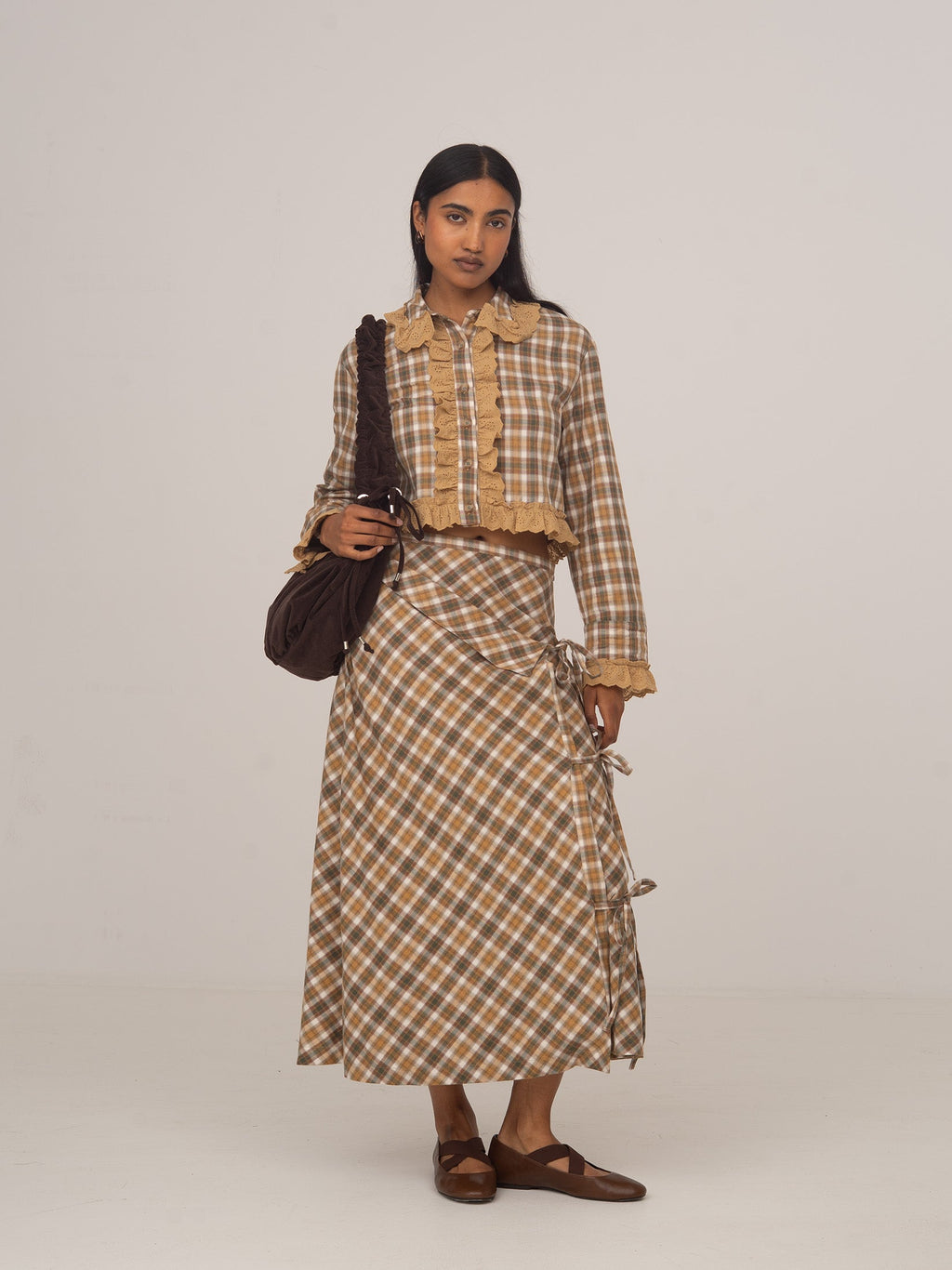 Women's brown plaid wrap midi skirt with side ties