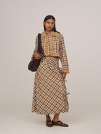 Women's brown plaid wrap midi skirt with side ties
