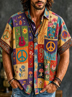 Men's short-sleeve patchwork shirt with peace signs and guitar motifs