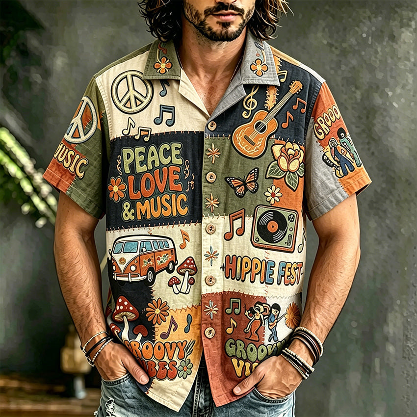 Men's multicolor patchwork graphic shirt with music-themed artwork