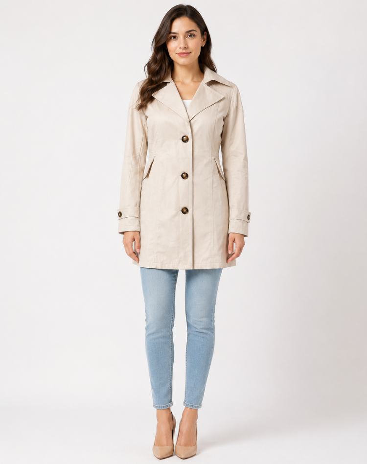 Women's short trench coat with lapels, buttons and cuff straps
