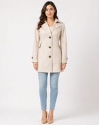 Women's short trench coat with lapels, buttons and cuff straps