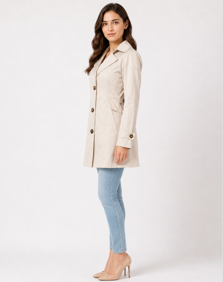 Women's short trench coat with lapels, buttons and cuff straps