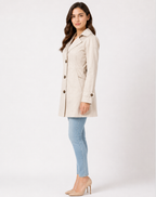 Women's short trench coat with lapels, buttons and cuff straps