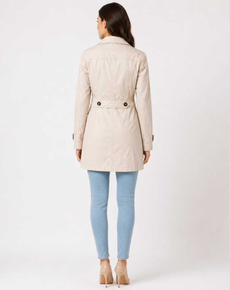 Women's short trench coat with lapels, buttons and cuff straps