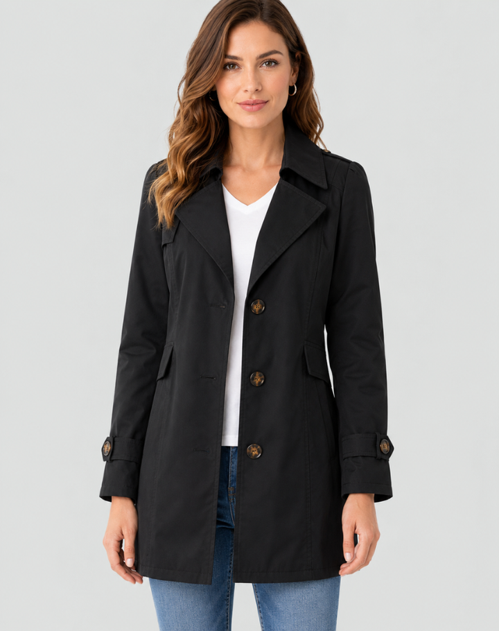 Women's short trench coat with lapels, buttons and cuff straps