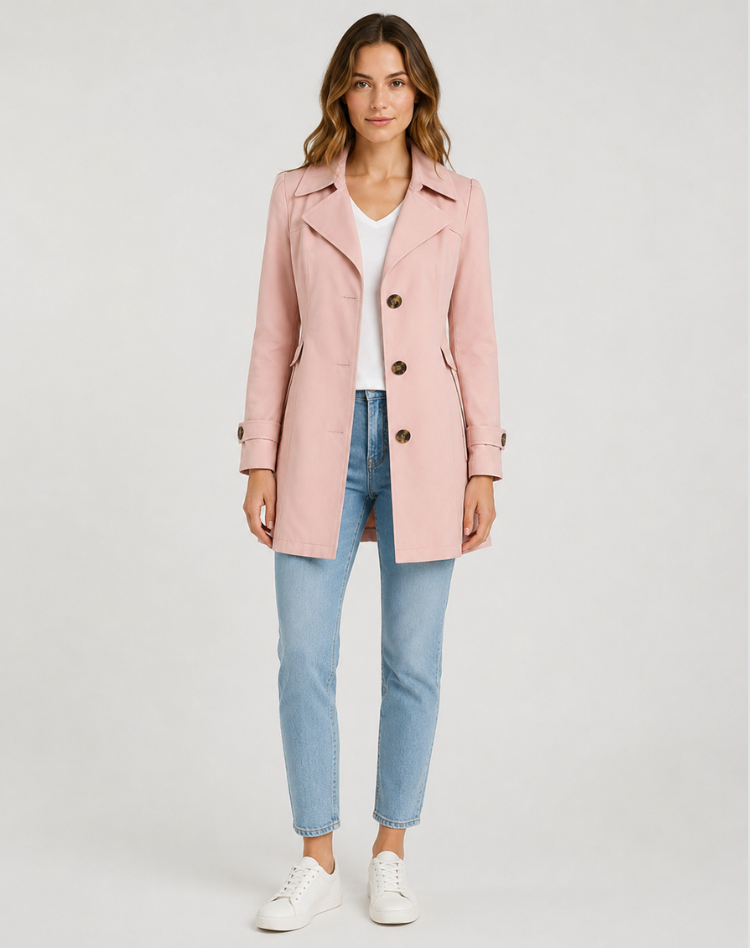 Women's short trench coat with lapels, buttons and cuff straps