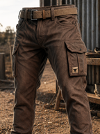 Men's brown cargo trousers with belt and button-flap utility pockets