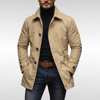 Men's collared waterproof trench coat with button fastening