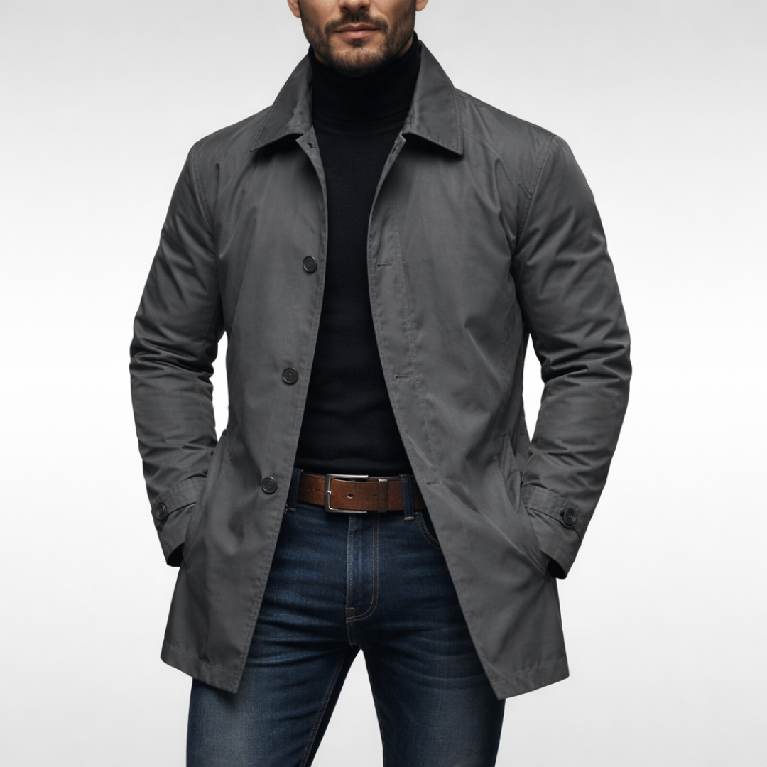 Men's collared waterproof trench coat with button fastening