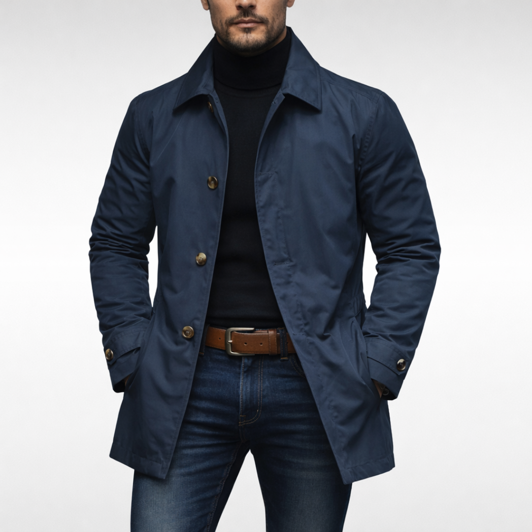 Men's collared waterproof trench coat with button fastening