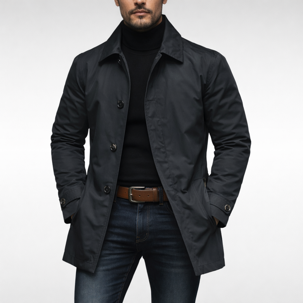 Men's collared waterproof trench coat with button fastening