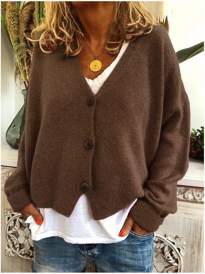 Women's long-sleeve V-neck button cardigan shown in multiple colours