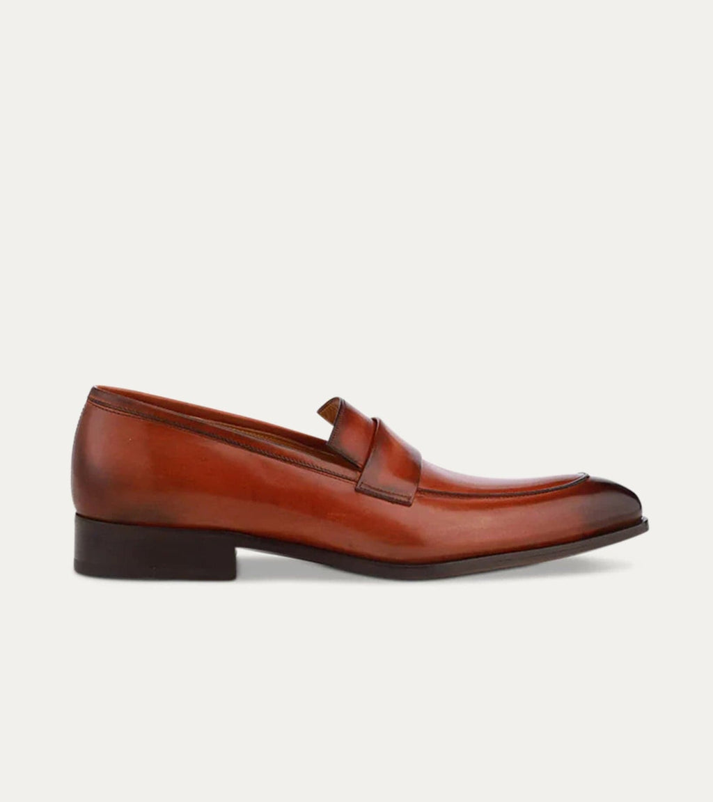 Men's brown square toe keeper loafers with low block heel